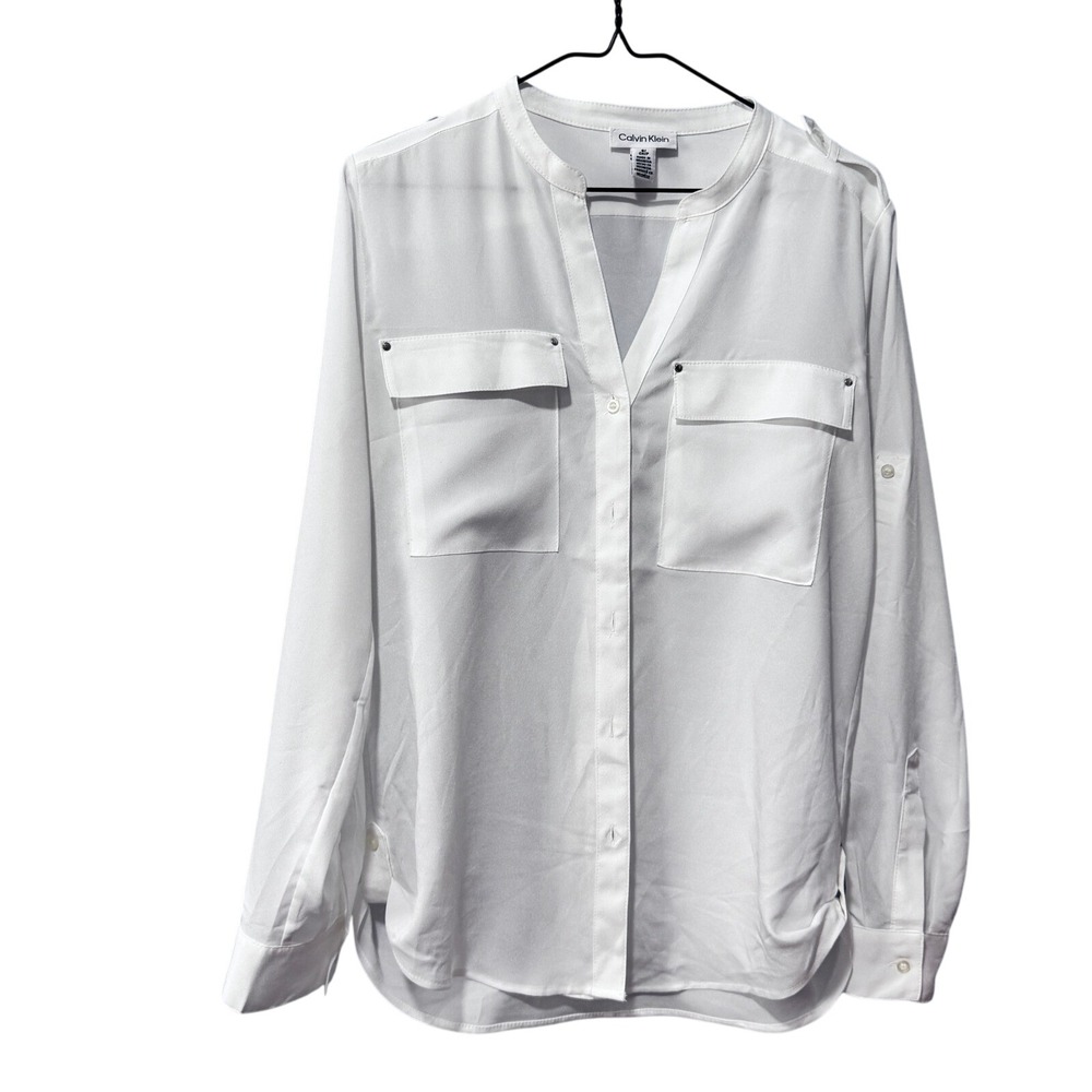 Calvin Klein Women's White Long Sleeve Button Up Shirt with Pockets Size S